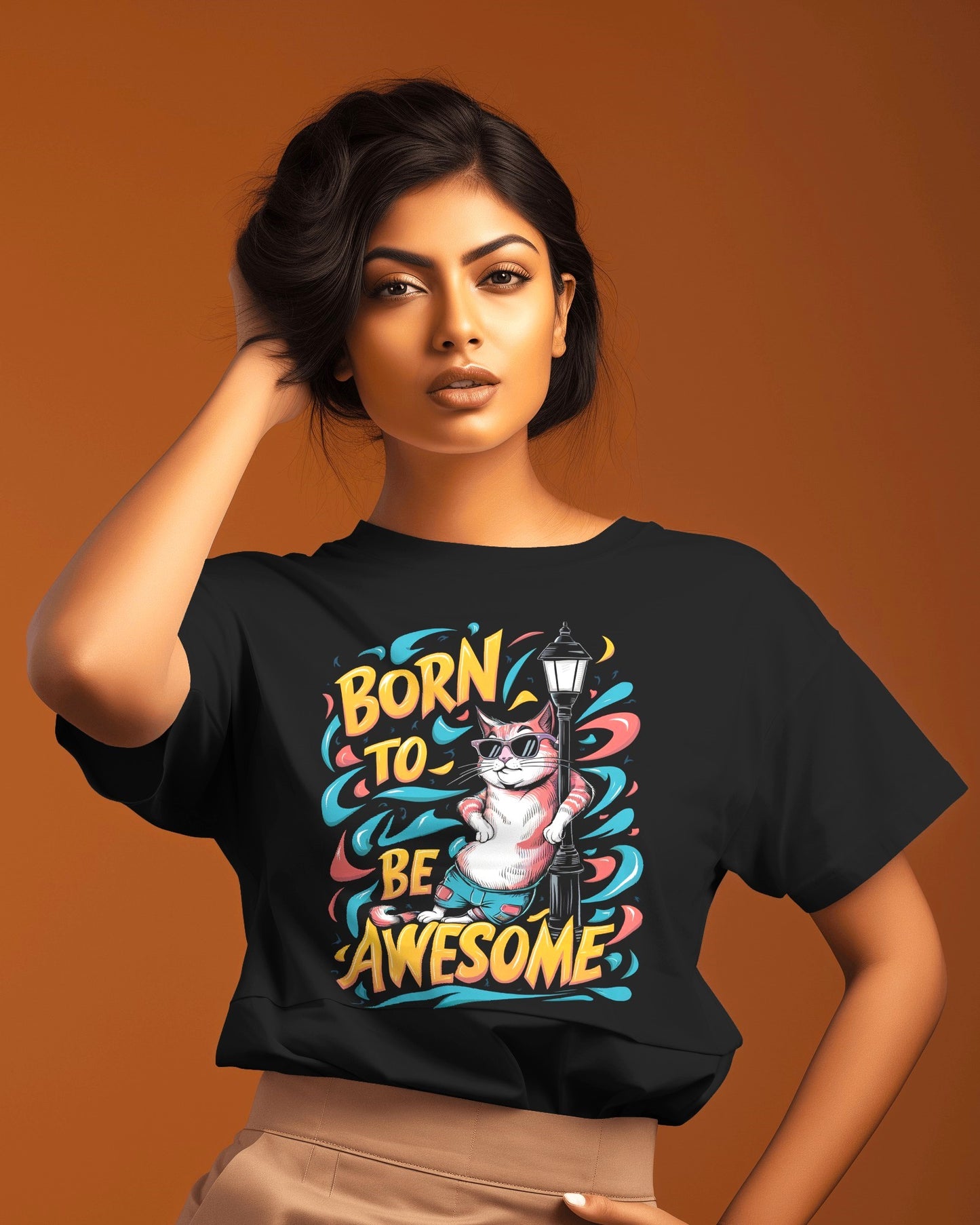 Born to Be Awesome Oversized Cat Graphic Tee